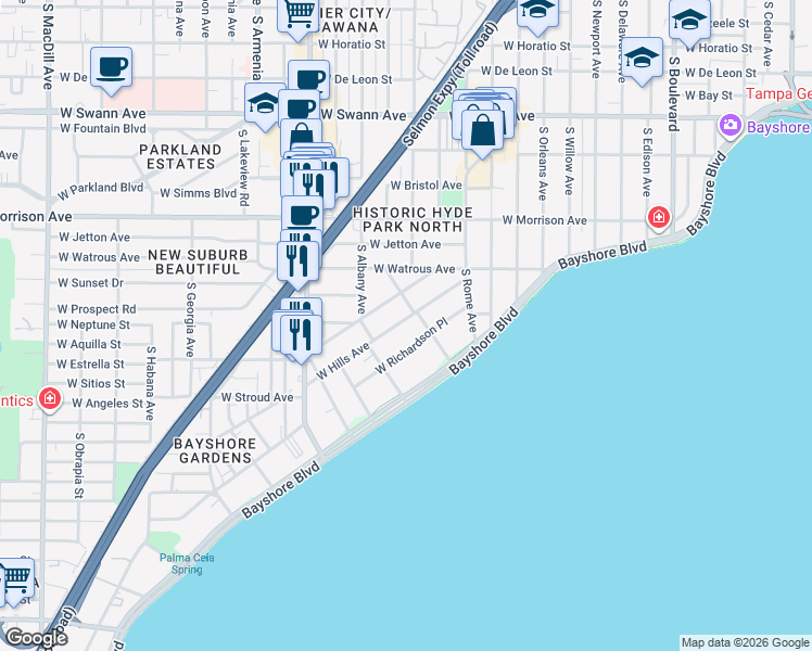 map of restaurants, bars, coffee shops, grocery stores, and more near 1806 West Hills Avenue in Tampa