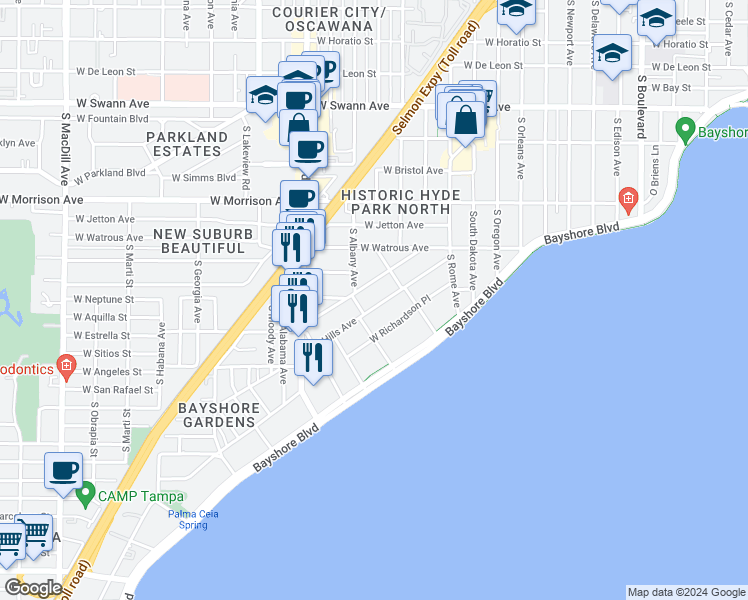 map of restaurants, bars, coffee shops, grocery stores, and more near 2020 West Dekle Avenue in Tampa