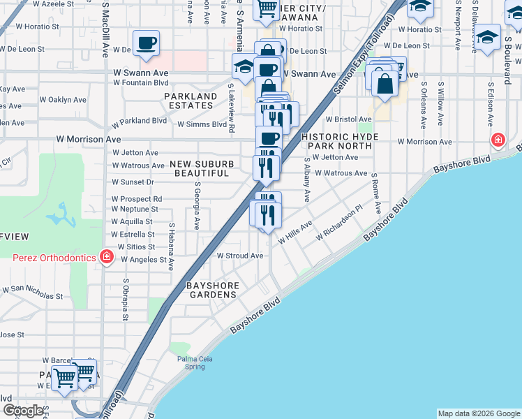 map of restaurants, bars, coffee shops, grocery stores, and more near 1301 South Howard Avenue in Tampa