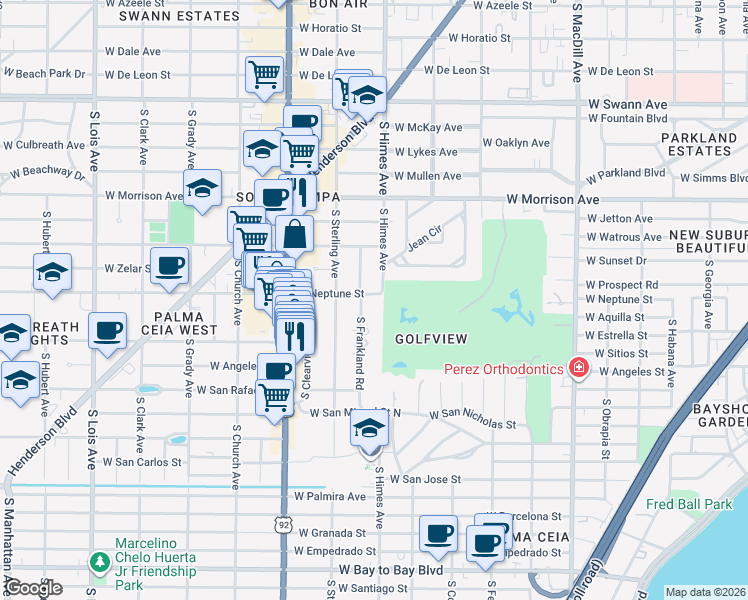 map of restaurants, bars, coffee shops, grocery stores, and more near 1002 South Frankland Road in Tampa