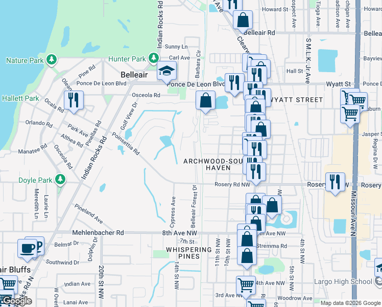 map of restaurants, bars, coffee shops, grocery stores, and more near 45 Pelican Place in Belleair