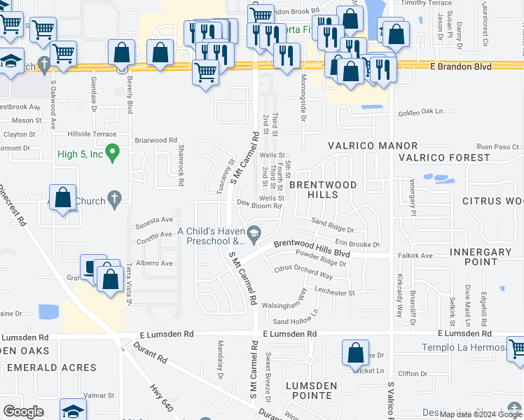 map of restaurants, bars, coffee shops, grocery stores, and more near 1327 Dew Bloom Road in Valrico