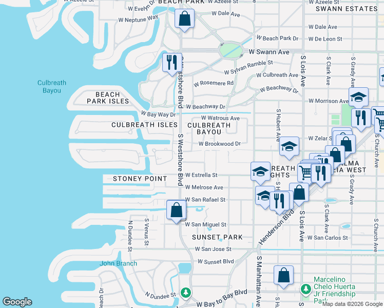 map of restaurants, bars, coffee shops, grocery stores, and more near 4708 West Neptune Street in Tampa