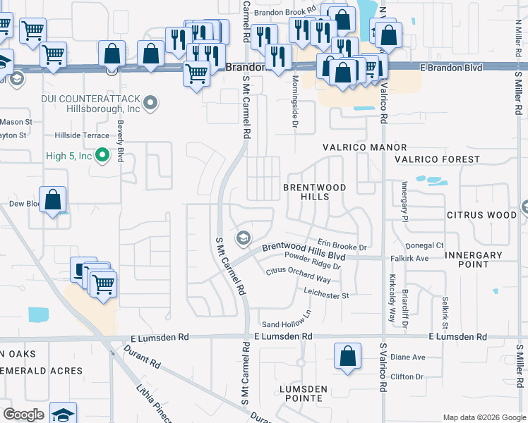 map of restaurants, bars, coffee shops, grocery stores, and more near 1337 Dew Bloom Road in Valrico