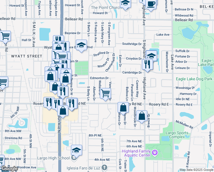 map of restaurants, bars, coffee shops, grocery stores, and more near 1825 Lady Mary Drive in Clearwater