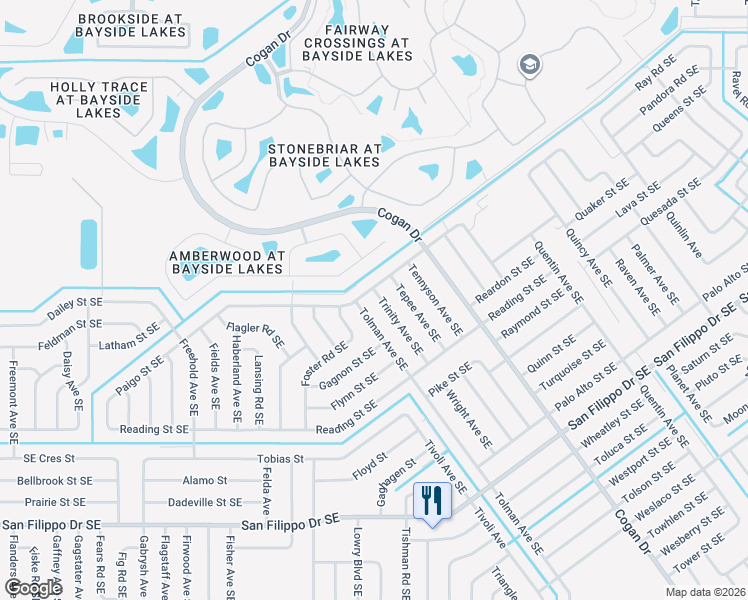 map of restaurants, bars, coffee shops, grocery stores, and more near 2606 Trinity Avenue Southeast in Palm Bay
