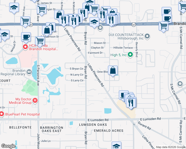 map of restaurants, bars, coffee shops, grocery stores, and more near 604 Lithia Pinecrest Rd in Brandon