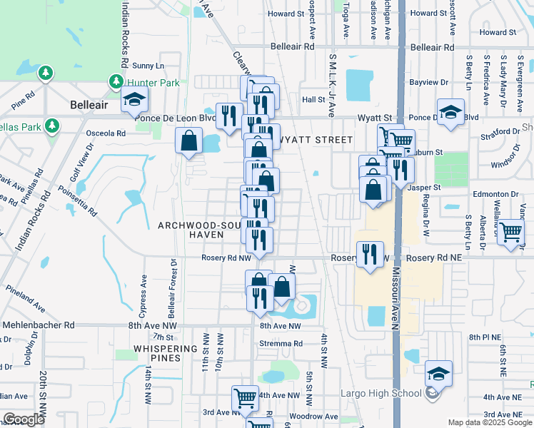 map of restaurants, bars, coffee shops, grocery stores, and more near 1482 Clearwater Largo Road North in Largo