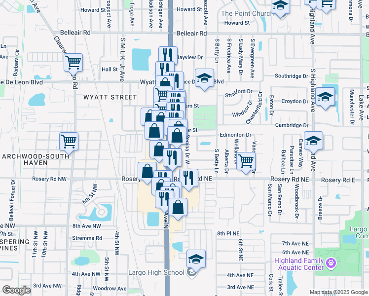 map of restaurants, bars, coffee shops, grocery stores, and more near 1409 Regina Drive South in Largo