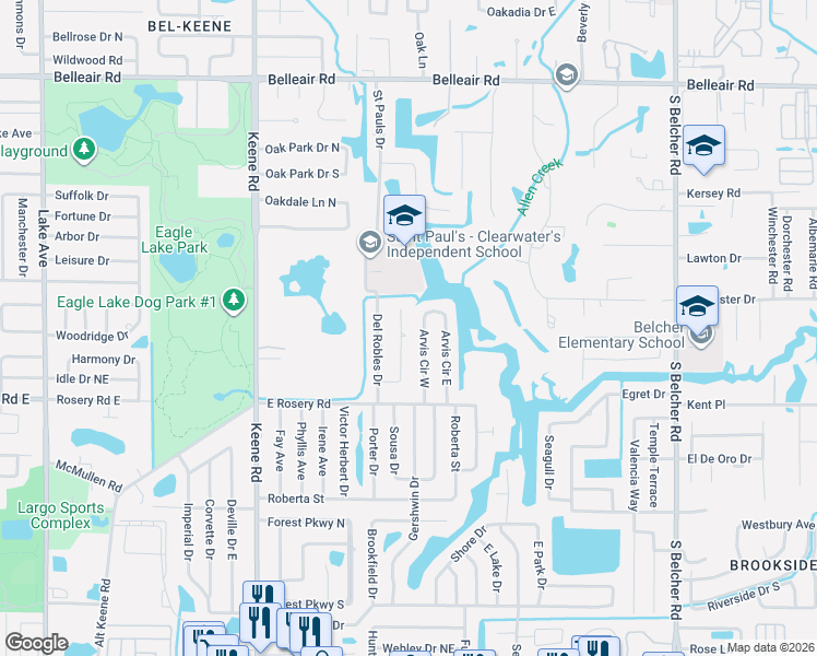 map of restaurants, bars, coffee shops, grocery stores, and more near 1855 Del Robles Terrace in Clearwater