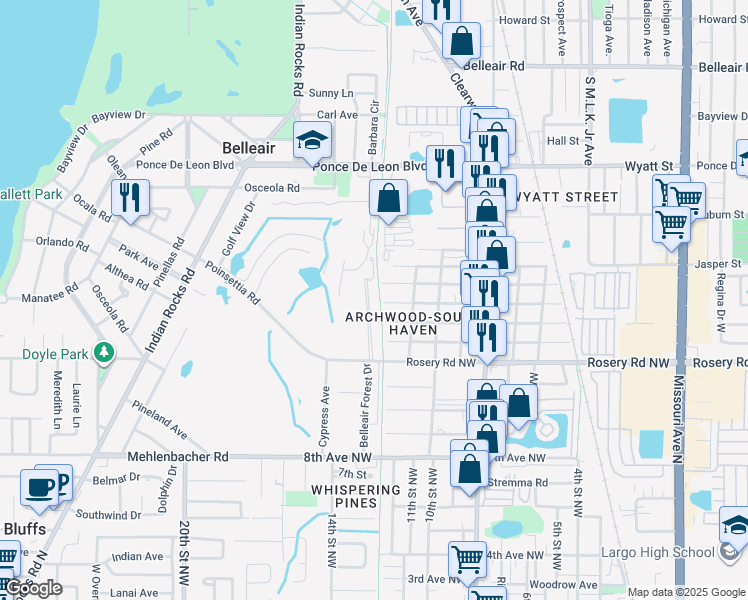 map of restaurants, bars, coffee shops, grocery stores, and more near 43 Pelican Place in Belleair