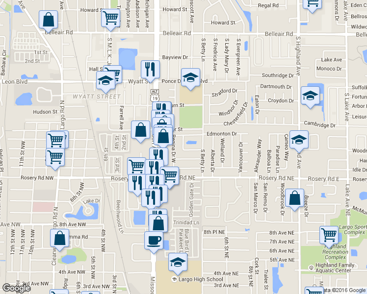map of restaurants, bars, coffee shops, grocery stores, and more near 1410 West Teresa Drive in Largo