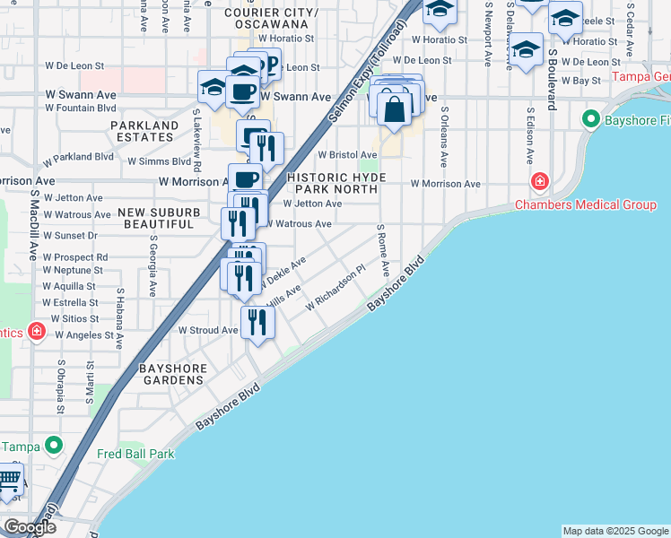 map of restaurants, bars, coffee shops, grocery stores, and more near 1806 West Hills Avenue in Tampa