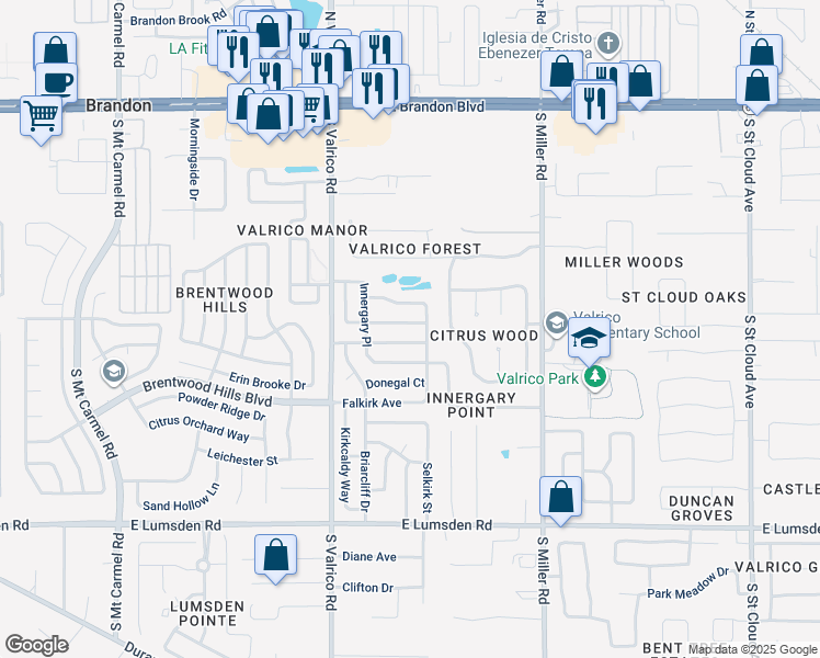 map of restaurants, bars, coffee shops, grocery stores, and more near 2215 Whitney Place in Valrico
