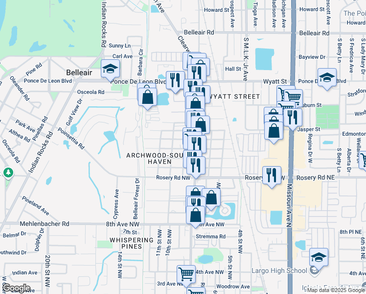 map of restaurants, bars, coffee shops, grocery stores, and more near 900 Beverly Avenue Northwest in Largo