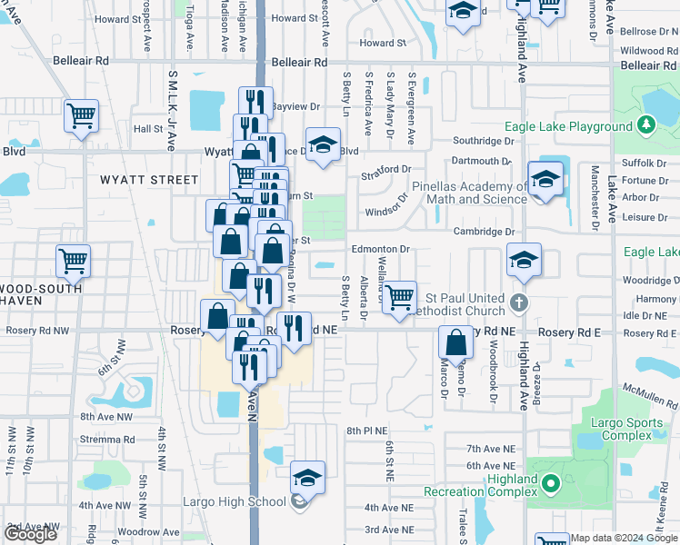 map of restaurants, bars, coffee shops, grocery stores, and more near 340 Teresa Drive in Largo