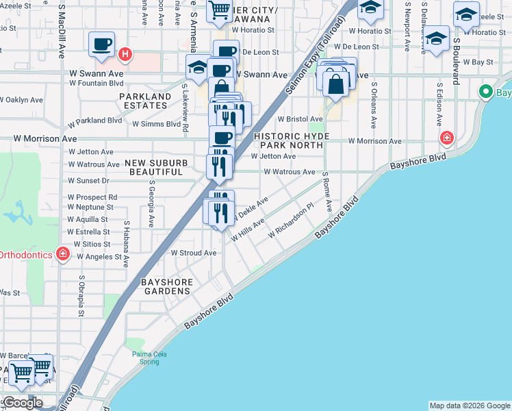 map of restaurants, bars, coffee shops, grocery stores, and more near 2020 West Dekle Avenue in Tampa