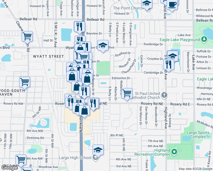 map of restaurants, bars, coffee shops, grocery stores, and more near 340 Teresa Drive in Largo