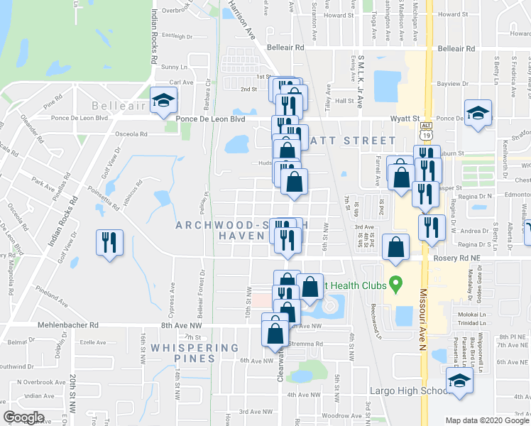 map of restaurants, bars, coffee shops, grocery stores, and more near 900 Beverly Avenue Northwest in Largo