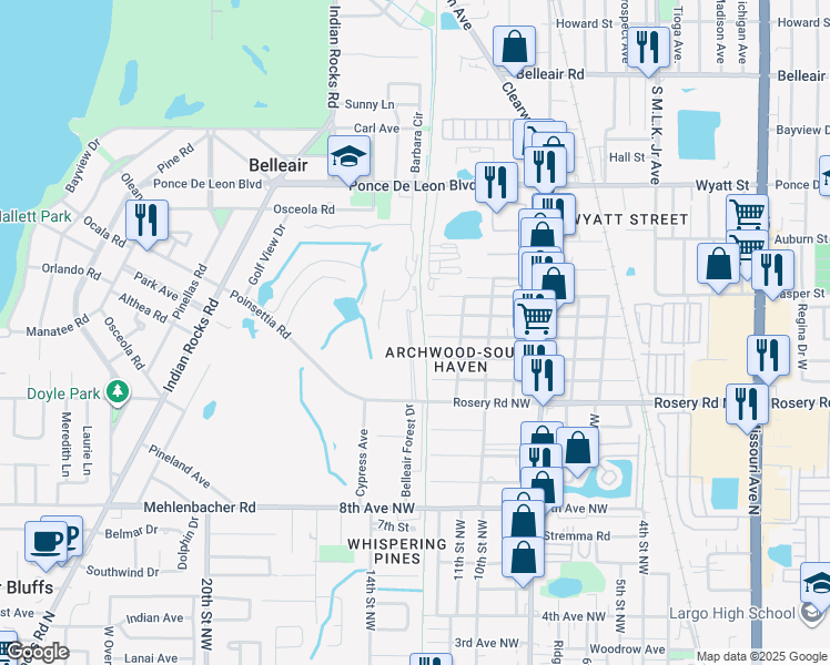 map of restaurants, bars, coffee shops, grocery stores, and more near 43 Pelican Place in Belleair
