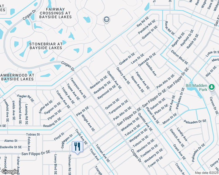 map of restaurants, bars, coffee shops, grocery stores, and more near 865 Raymond Street Southeast in Palm Bay
