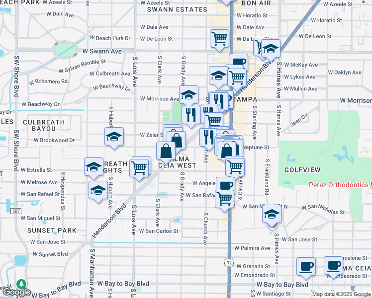 map of restaurants, bars, coffee shops, grocery stores, and more near 1501 South Richard Avenue in Tampa