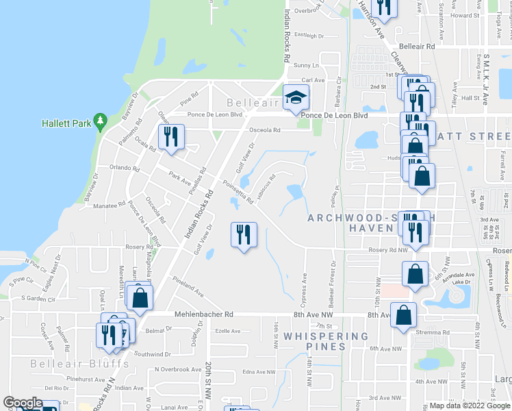 map of restaurants, bars, coffee shops, grocery stores, and more near 623 Poinsettia Road in Belleair