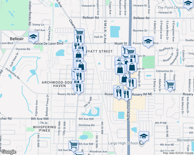 map of restaurants, bars, coffee shops, grocery stores, and more near 505 Beverly Avenue Northwest in Largo