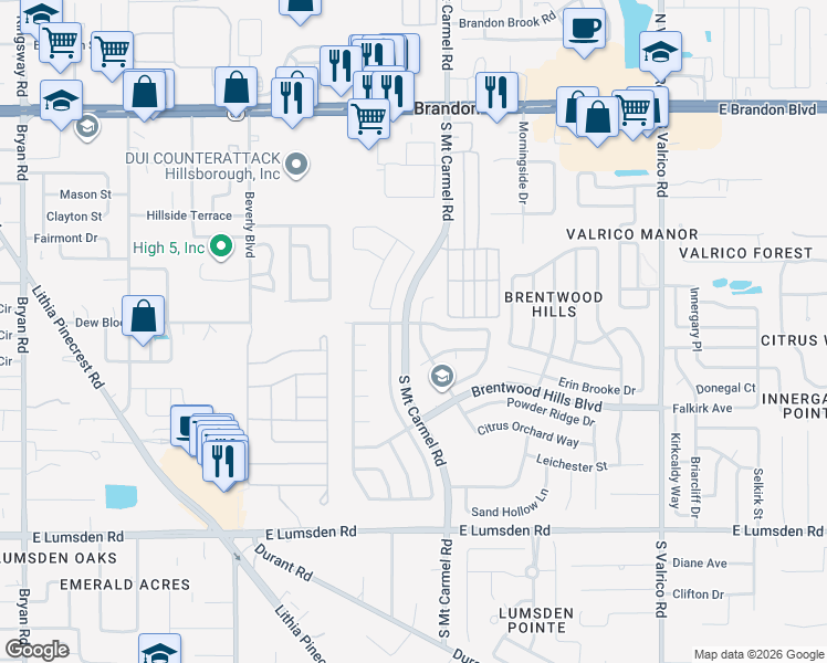 map of restaurants, bars, coffee shops, grocery stores, and more near 1603 Citrus Orchard Way in Valrico