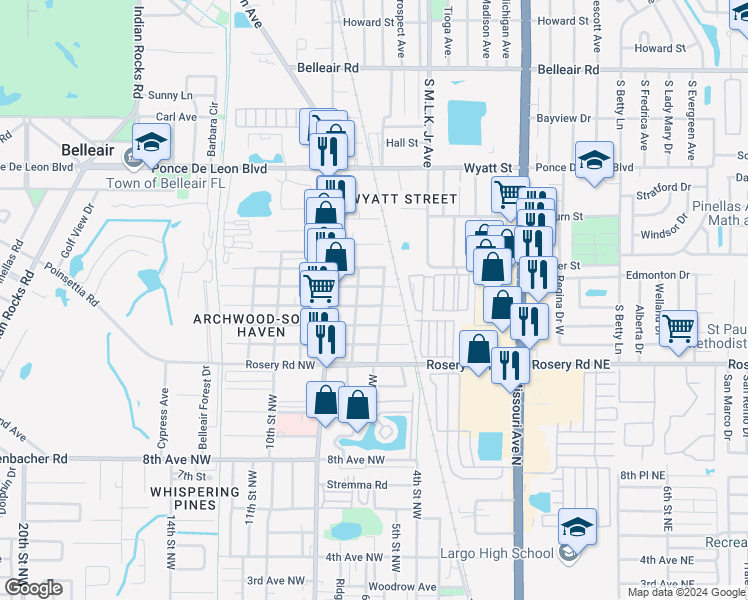 map of restaurants, bars, coffee shops, grocery stores, and more near 608 Beverly Avenue Northwest in Largo