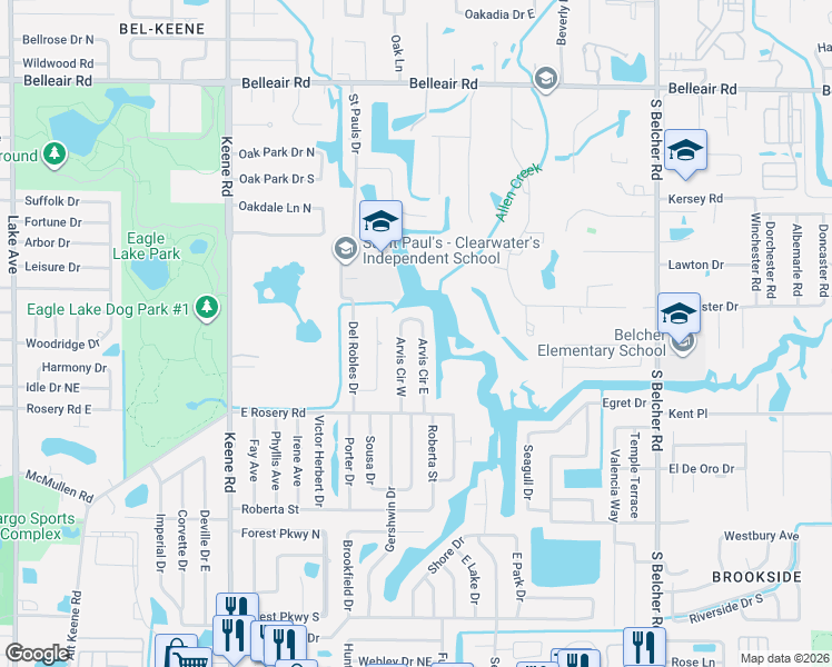 map of restaurants, bars, coffee shops, grocery stores, and more near 1937 Arvis Circle North in Clearwater