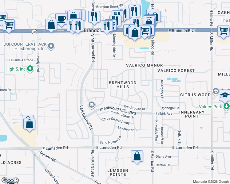 map of restaurants, bars, coffee shops, grocery stores, and more near 528 Greg Street in Valrico