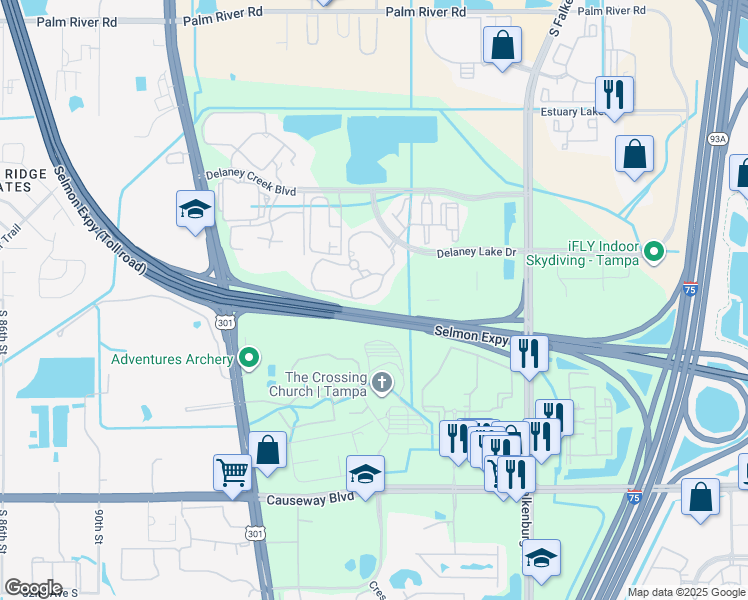 map of restaurants, bars, coffee shops, grocery stores, and more near 9923 Bosque Creek Circle in Tampa