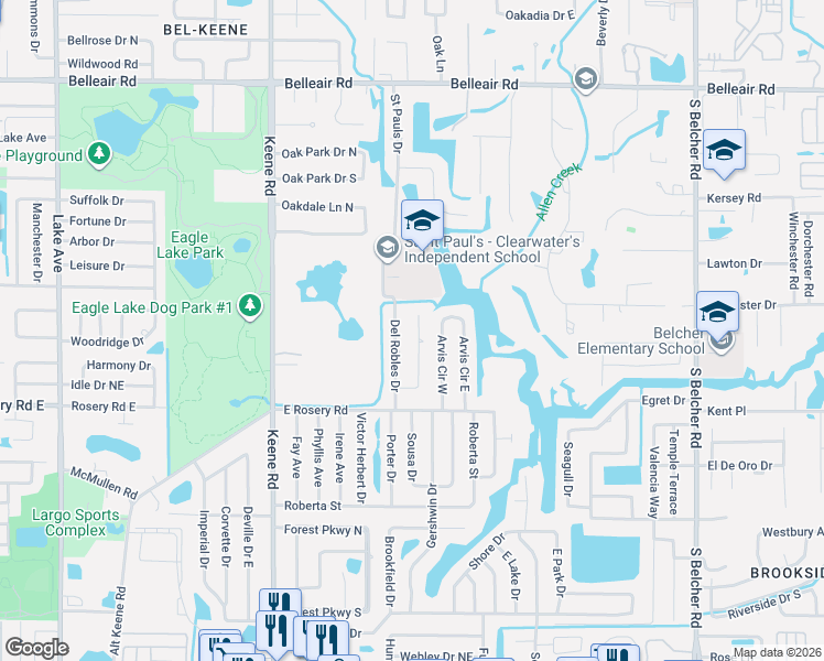 map of restaurants, bars, coffee shops, grocery stores, and more near 1855 Del Robles Terrace in Clearwater