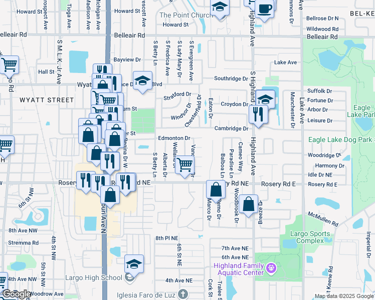 map of restaurants, bars, coffee shops, grocery stores, and more near 1825 Lady Mary Drive in Clearwater