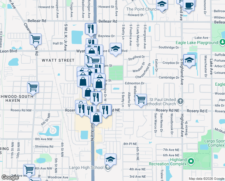 map of restaurants, bars, coffee shops, grocery stores, and more near 1410 Teresa Drive in Largo