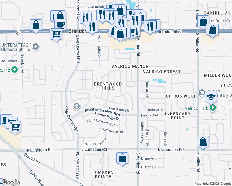 map of restaurants, bars, coffee shops, grocery stores, and more near 539 Beth Ann Street in Valrico