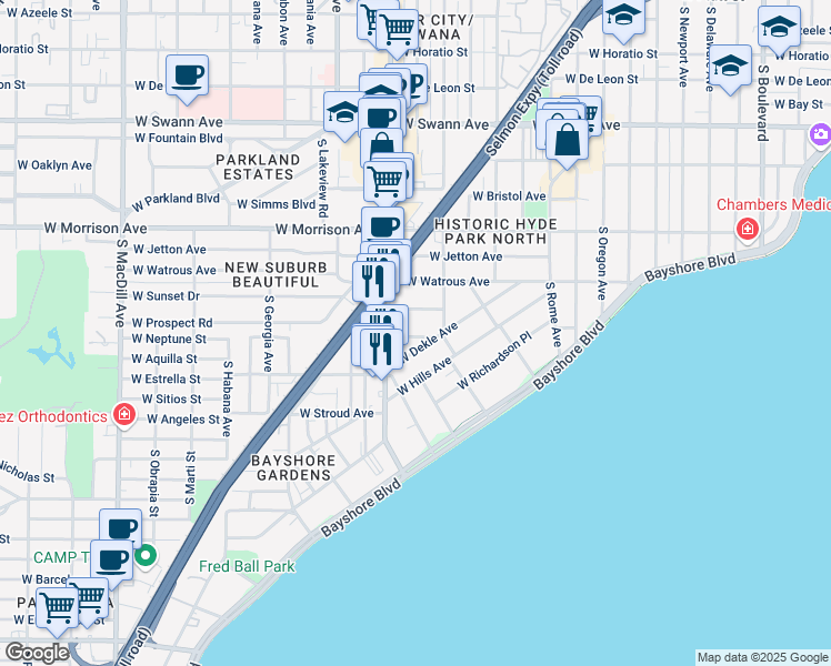 map of restaurants, bars, coffee shops, grocery stores, and more near 2111 West Southview Avenue in Tampa