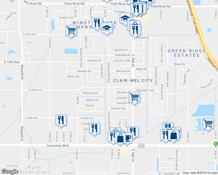 map of restaurants, bars, coffee shops, grocery stores, and more near 1900 Wishing Well Way in Tampa
