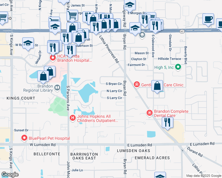 map of restaurants, bars, coffee shops, grocery stores, and more near 519 North Larry Circle in Brandon