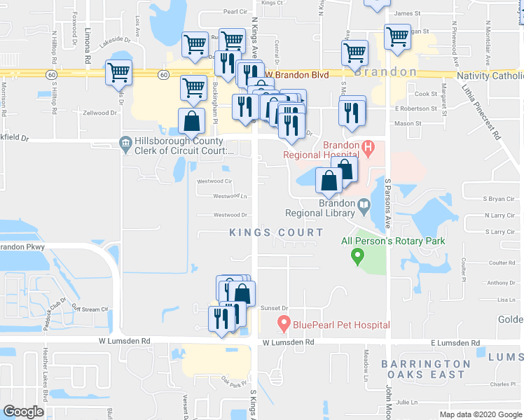 map of restaurants, bars, coffee shops, grocery stores, and more near 601 South Kings Avenue in Brandon