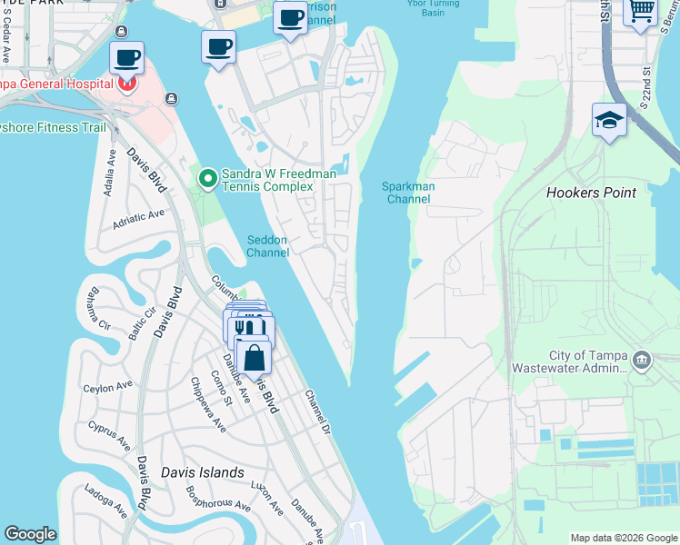 map of restaurants, bars, coffee shops, grocery stores, and more near 1425 Harbour Walk Road in Tampa