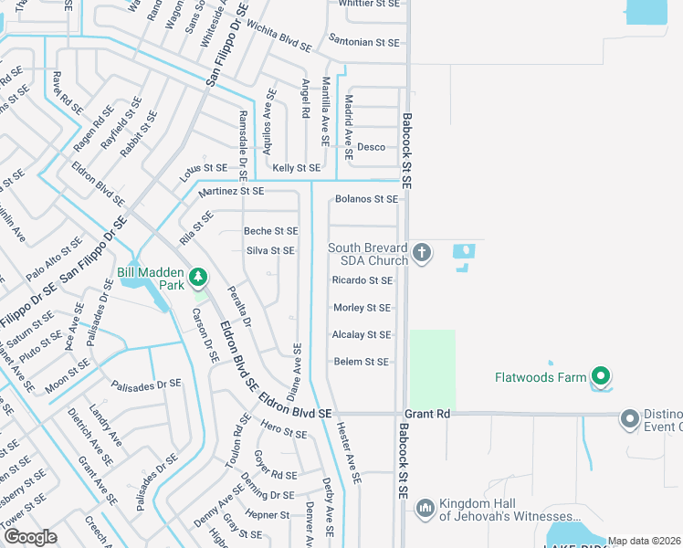 map of restaurants, bars, coffee shops, grocery stores, and more near 1613 Ricardo Street Southeast in Palm Bay