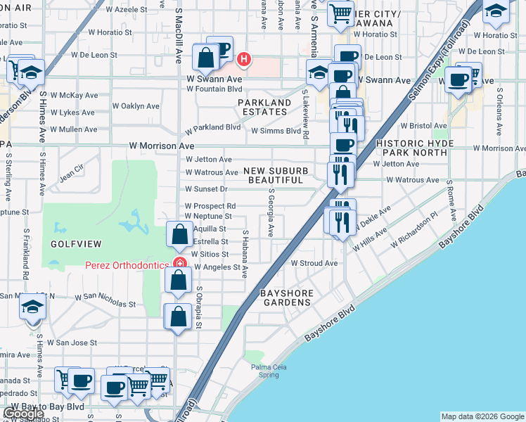 map of restaurants, bars, coffee shops, grocery stores, and more near 1503 South Georgia Avenue in Tampa