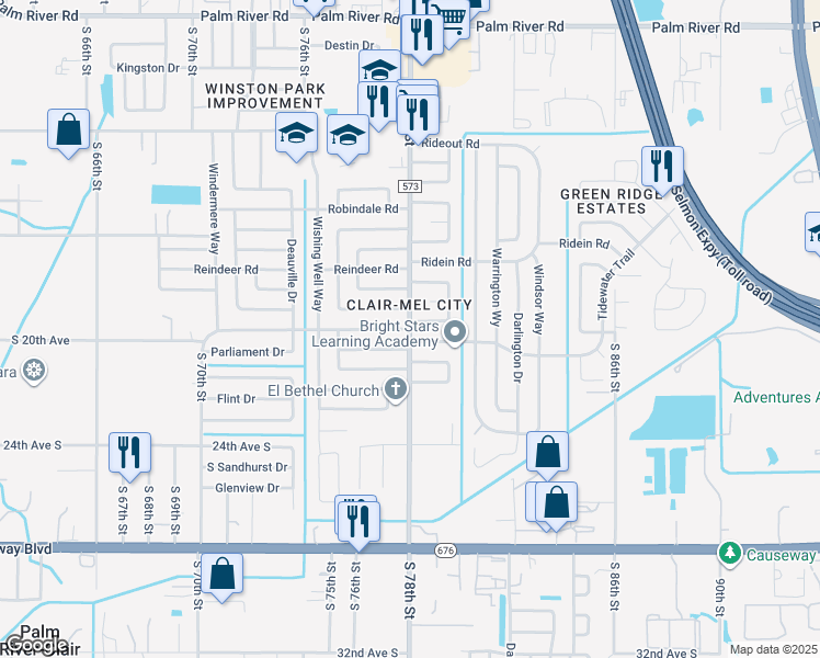 map of restaurants, bars, coffee shops, grocery stores, and more near Tidewater Trail in Tampa