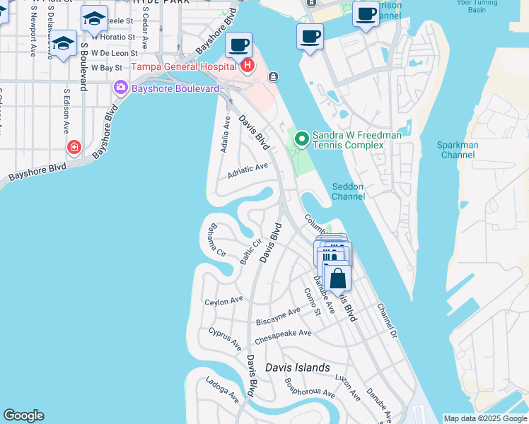 map of restaurants, bars, coffee shops, grocery stores, and more near 106 Bermuda Avenue in Tampa