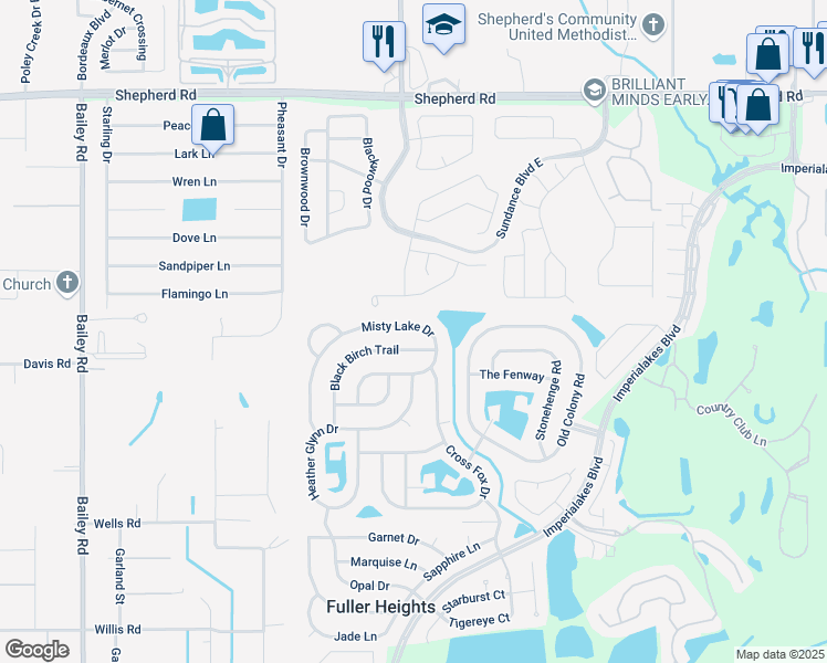 map of restaurants, bars, coffee shops, grocery stores, and more near 5205 Misty Lake Drive in Mulberry