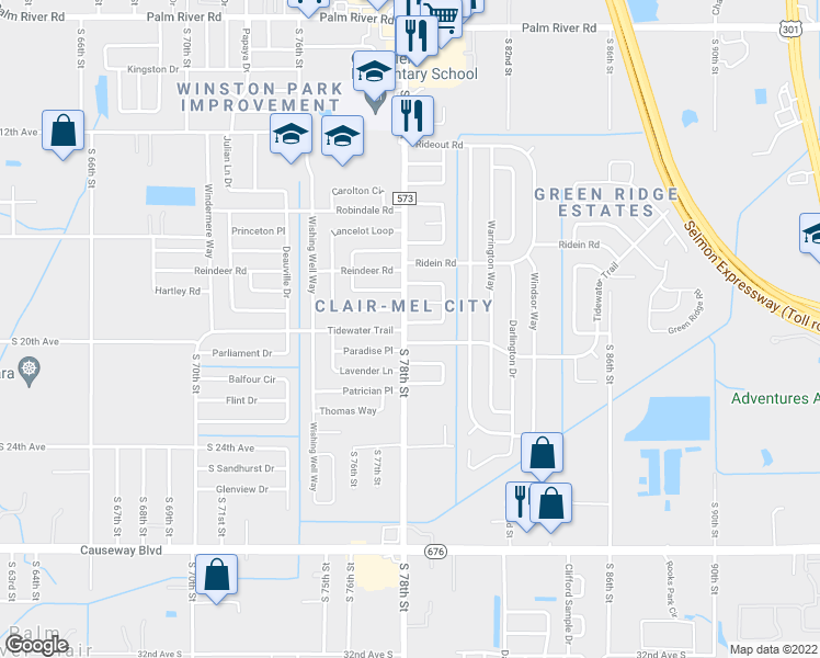 map of restaurants, bars, coffee shops, grocery stores, and more near 1902 South 78th Street in Tampa