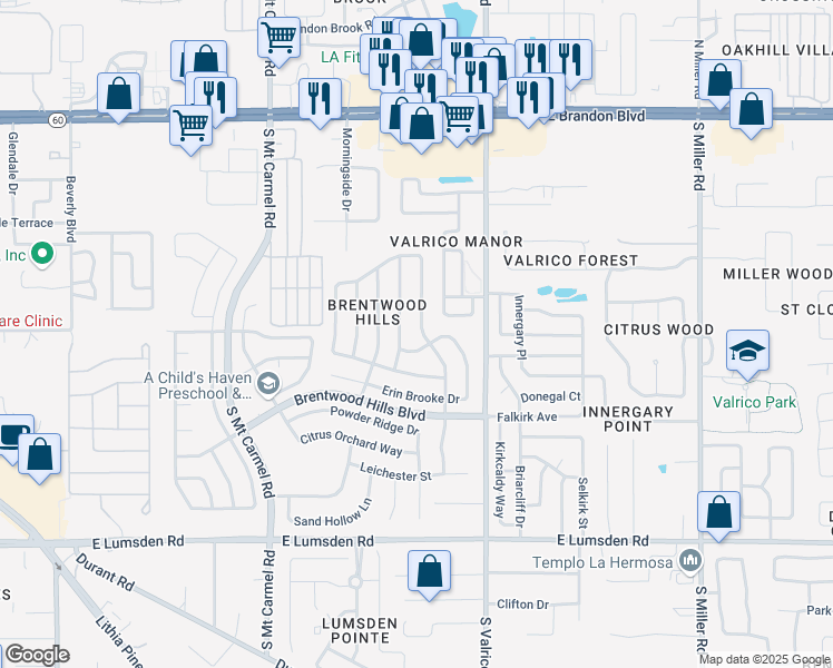 map of restaurants, bars, coffee shops, grocery stores, and more near 652 Sand Ridge Drive in Valrico