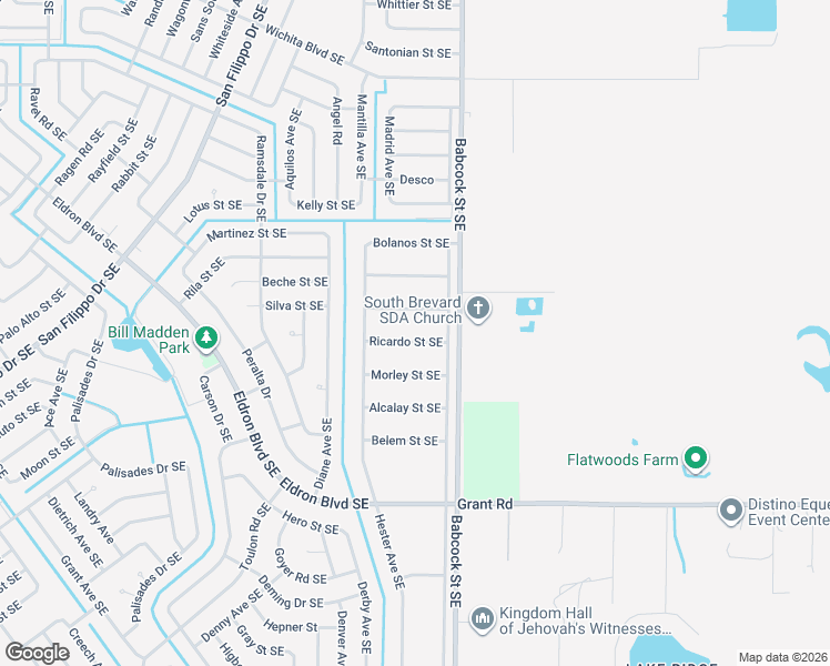 map of restaurants, bars, coffee shops, grocery stores, and more near 1650 Ricardo Street Southeast in Palm Bay